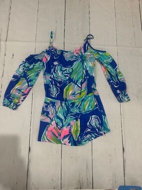 Lilly Pulitzer girls Cold-Shoulder Floral Romper with Pink & Green size 8/10